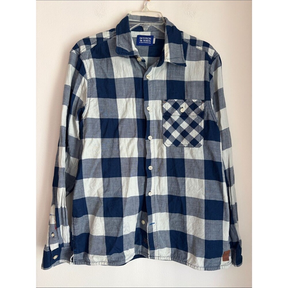 Scotch & Soda Men’s gingham mixed print checkered plaid Button-Up Shirt Large